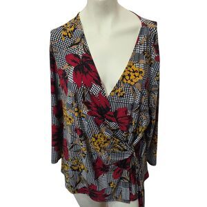 Evan Picone Black Label XL Floral Wrap Top Houndstooth V Neck Blouse